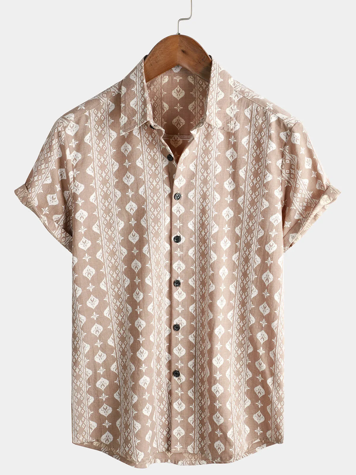 Men's Cotton Retro Button Up 70s Striped Vintage Short Sleeve Shirt