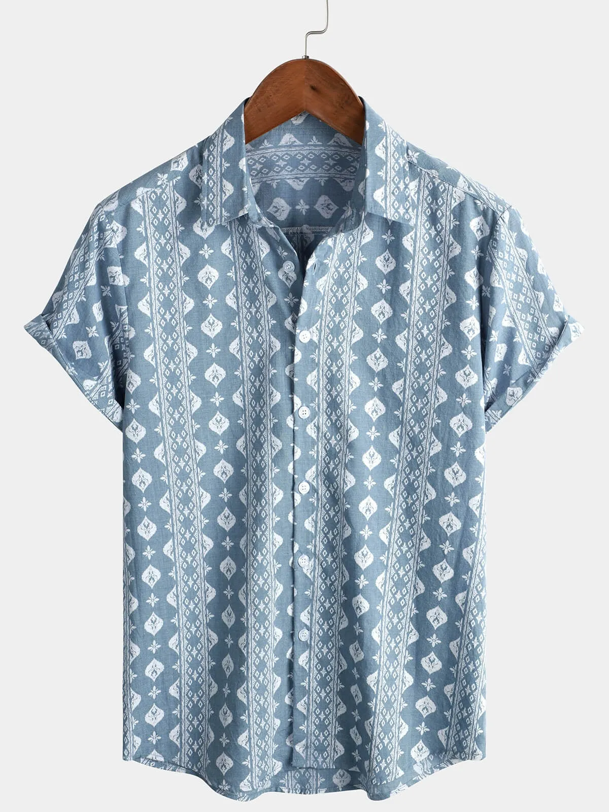 Men's Cotton Retro Button Up 70s Striped Vintage Short Sleeve Shirt