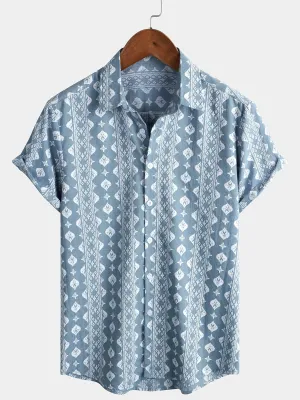 Men's Cotton Retro Button Up 70s Striped Vintage Short Sleeve Shirt