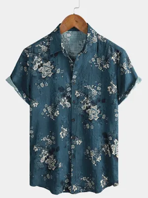 Men's Cotton Vintage Floral Holiday Summer Casual Short Sleeve Shirt