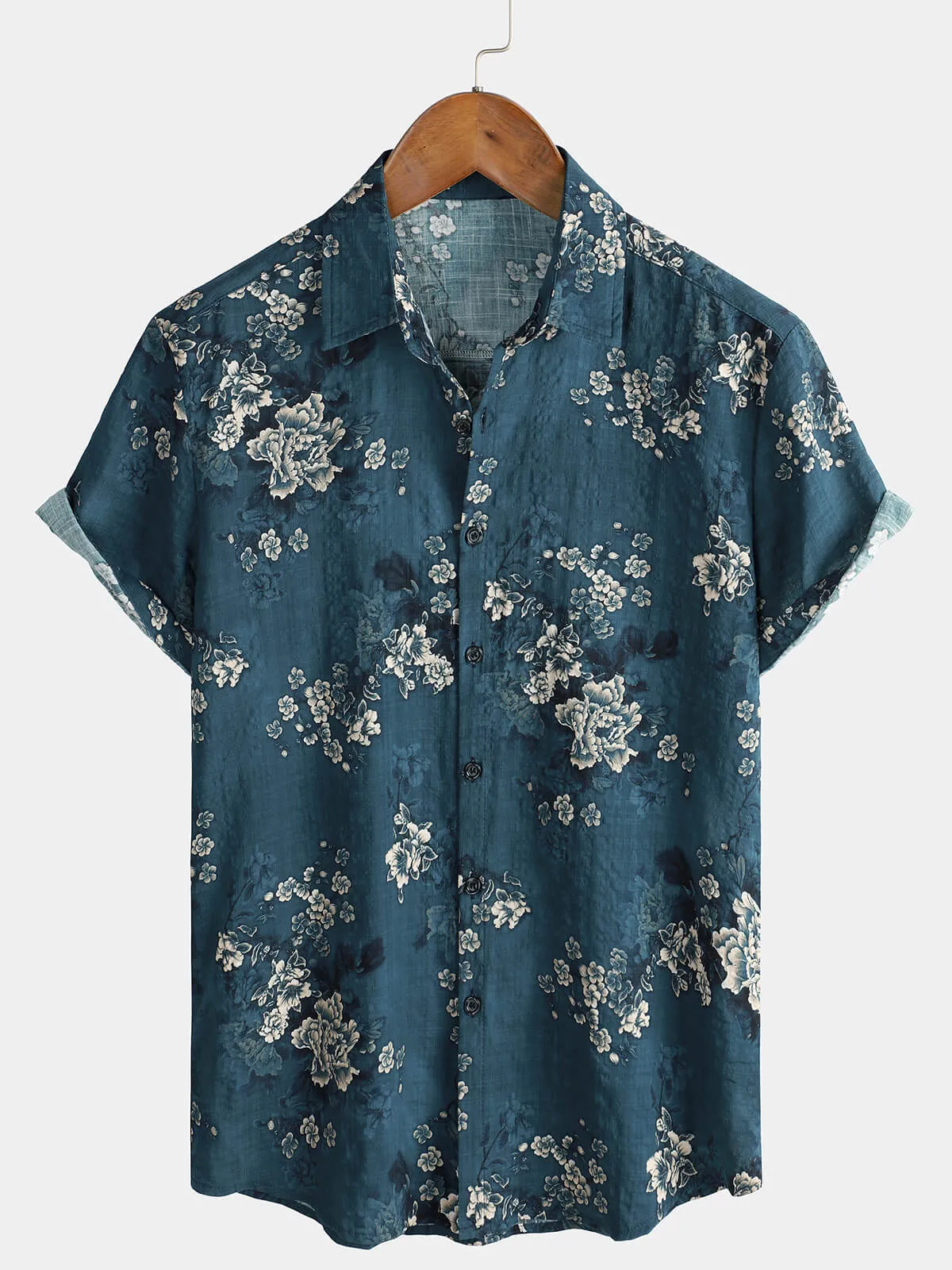 Men's Cotton Vintage Floral Holiday Summer Casual Short Sleeve Shirt