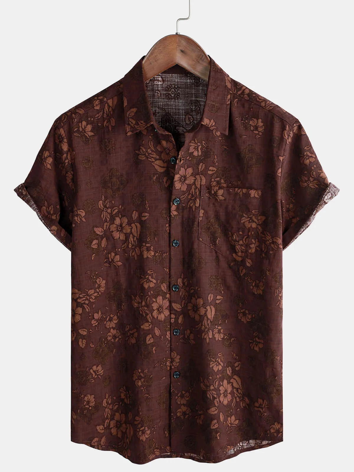 Men's Floral Holiday Casual Summer Red Short Sleeve Button Up Shirt