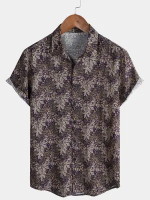 Men's Floral Vintage Short Sleeve Summer Cotton Button Up Shirt