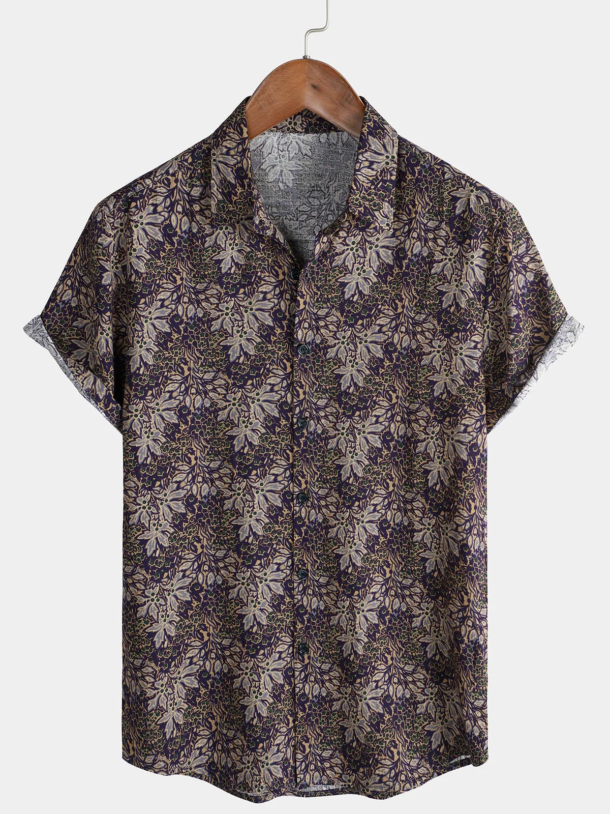 Men's Floral Vintage Short Sleeve Summer Cotton Button Up Shirt
