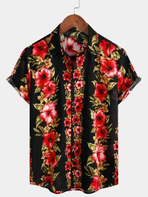 Men's Funky Vintage Hawaiian Tropical Hibiscus Floral Print Short Sleeve Button Up Shirt