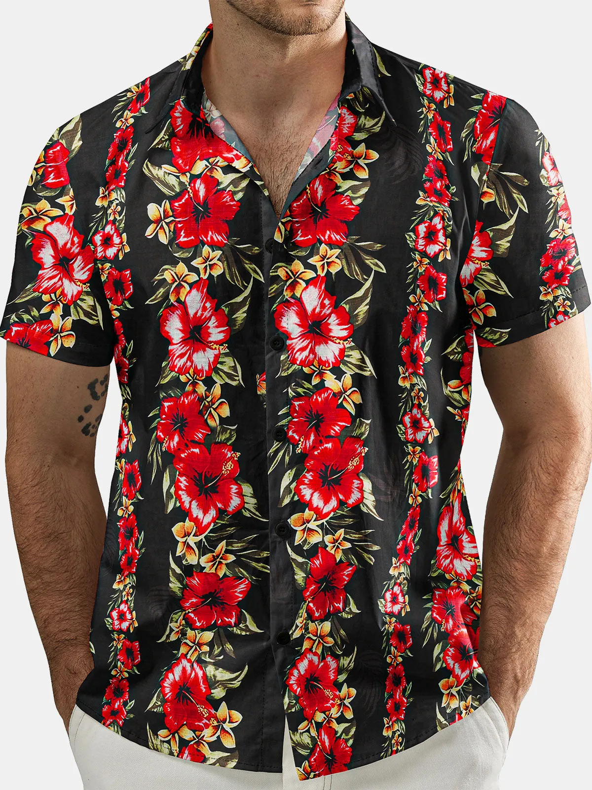 Men's Funky Vintage Hawaiian Tropical Hibiscus Floral Print Short Sleeve Button Up Shirt