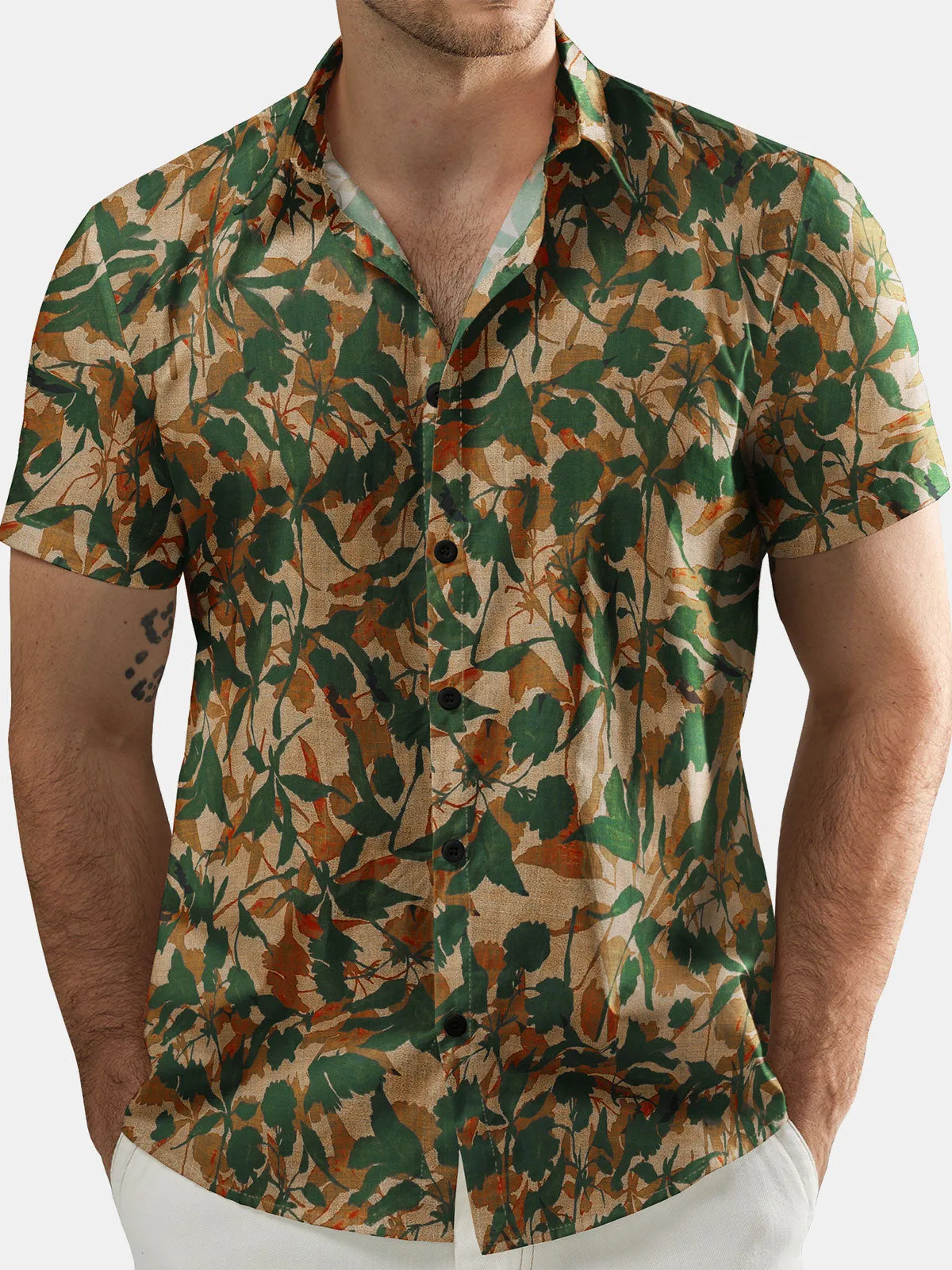 Men's Green Floral Holiday Pocket Summer Short Sleeve Button Up Shirt