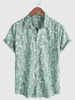 Men's Green Hawaiian Summer Floral Short Sleeve Cotton Button Up Shirt
