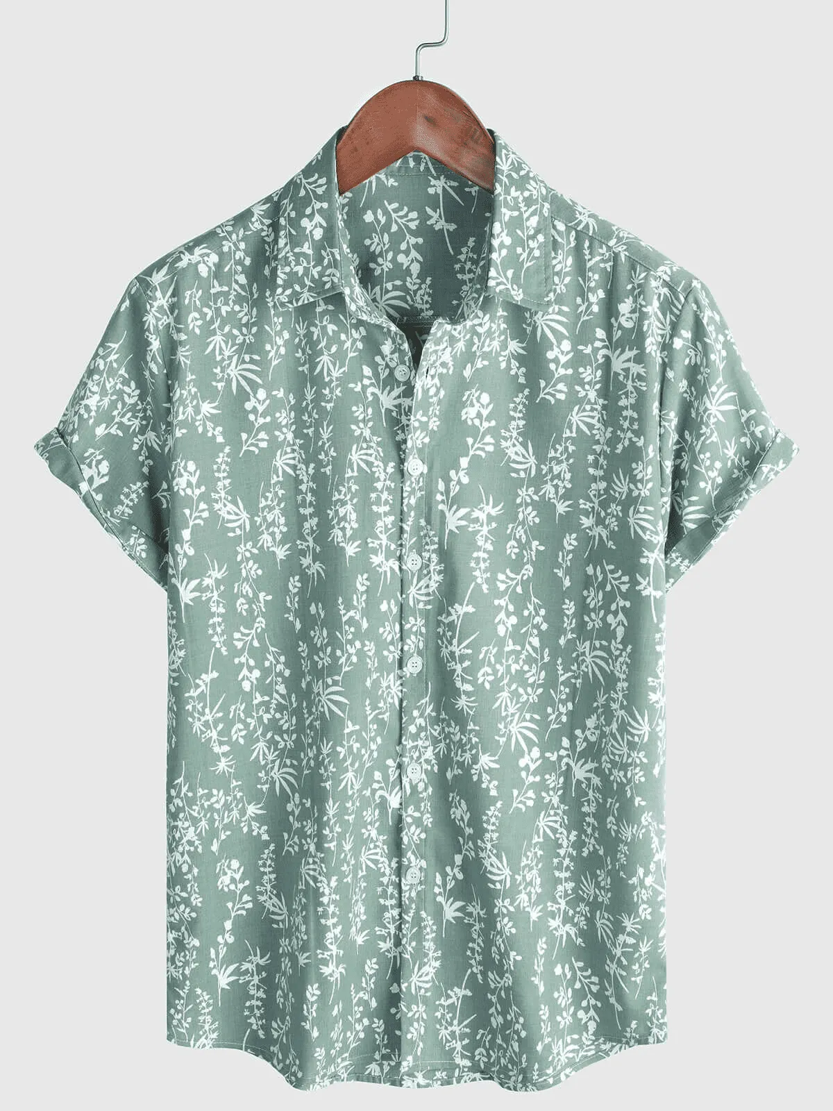 Men's Green Hawaiian Summer Floral Short Sleeve Cotton Button Up Shirt