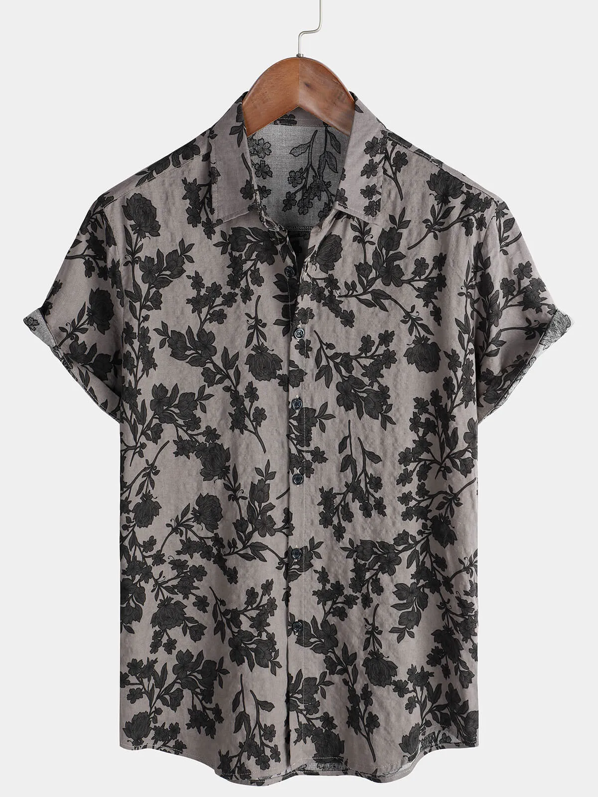 Men's Grey Floral Short Sleeve Cotton Vintage Button Up Shirt