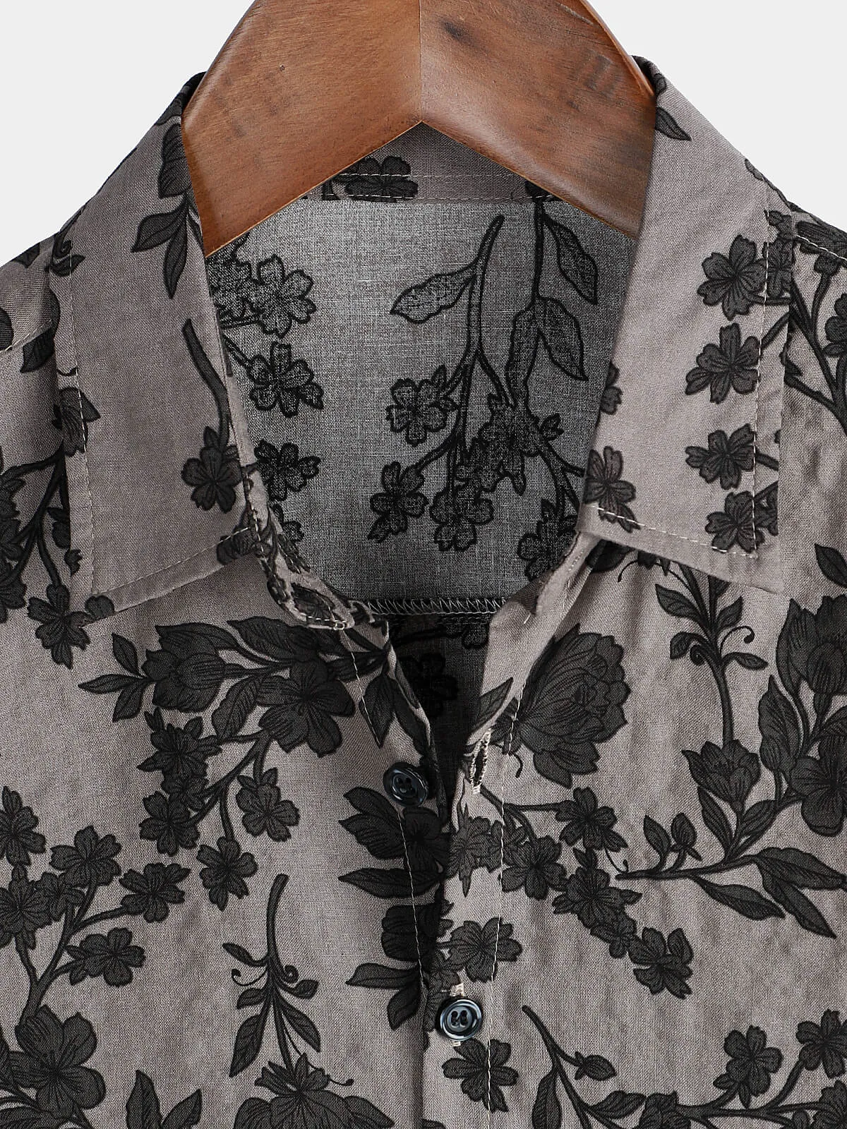 Men's Grey Floral Short Sleeve Cotton Vintage Button Up Shirt
