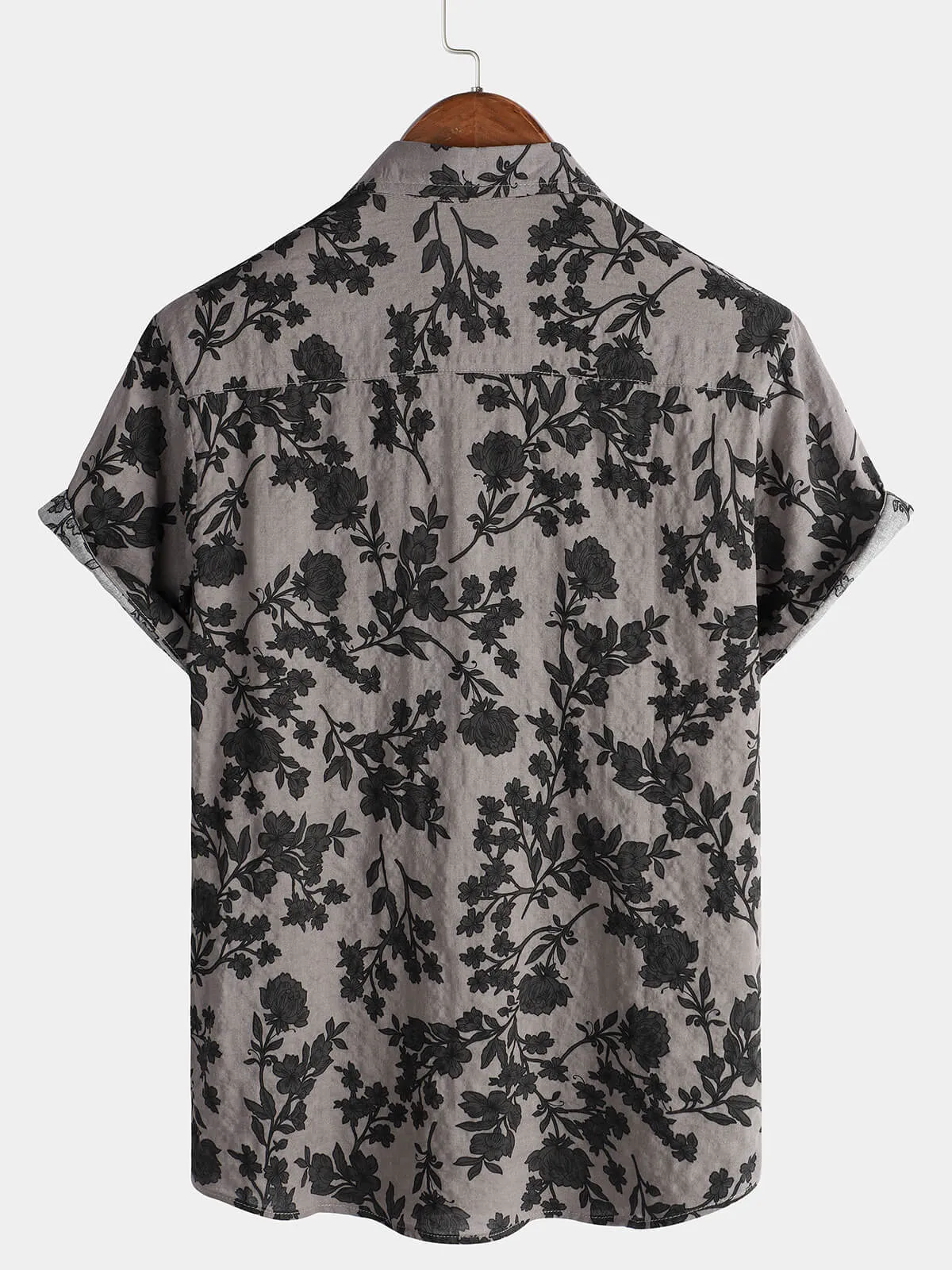 Men's Grey Floral Short Sleeve Cotton Vintage Button Up Shirt