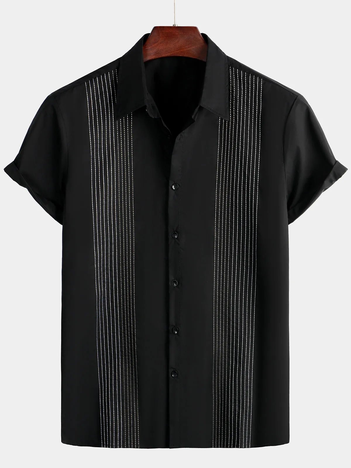 Men's Hawaiian Cotton Linen Striped Short Sleeve Button Up Summer Beach Embroidered Shirt