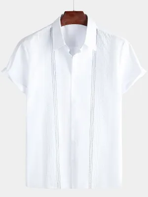 Men's Hawaiian Cotton Linen Striped Short Sleeve Button Up Summer Beach Embroidered Shirt