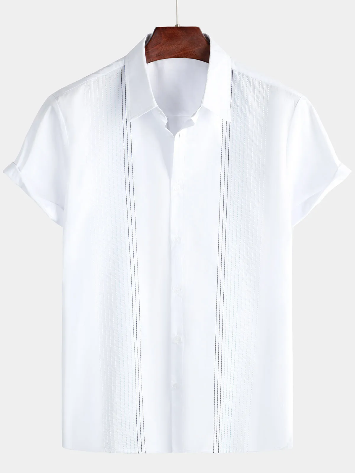 Men's Hawaiian Cotton Linen Striped Short Sleeve Button Up Summer Beach Embroidered Shirt