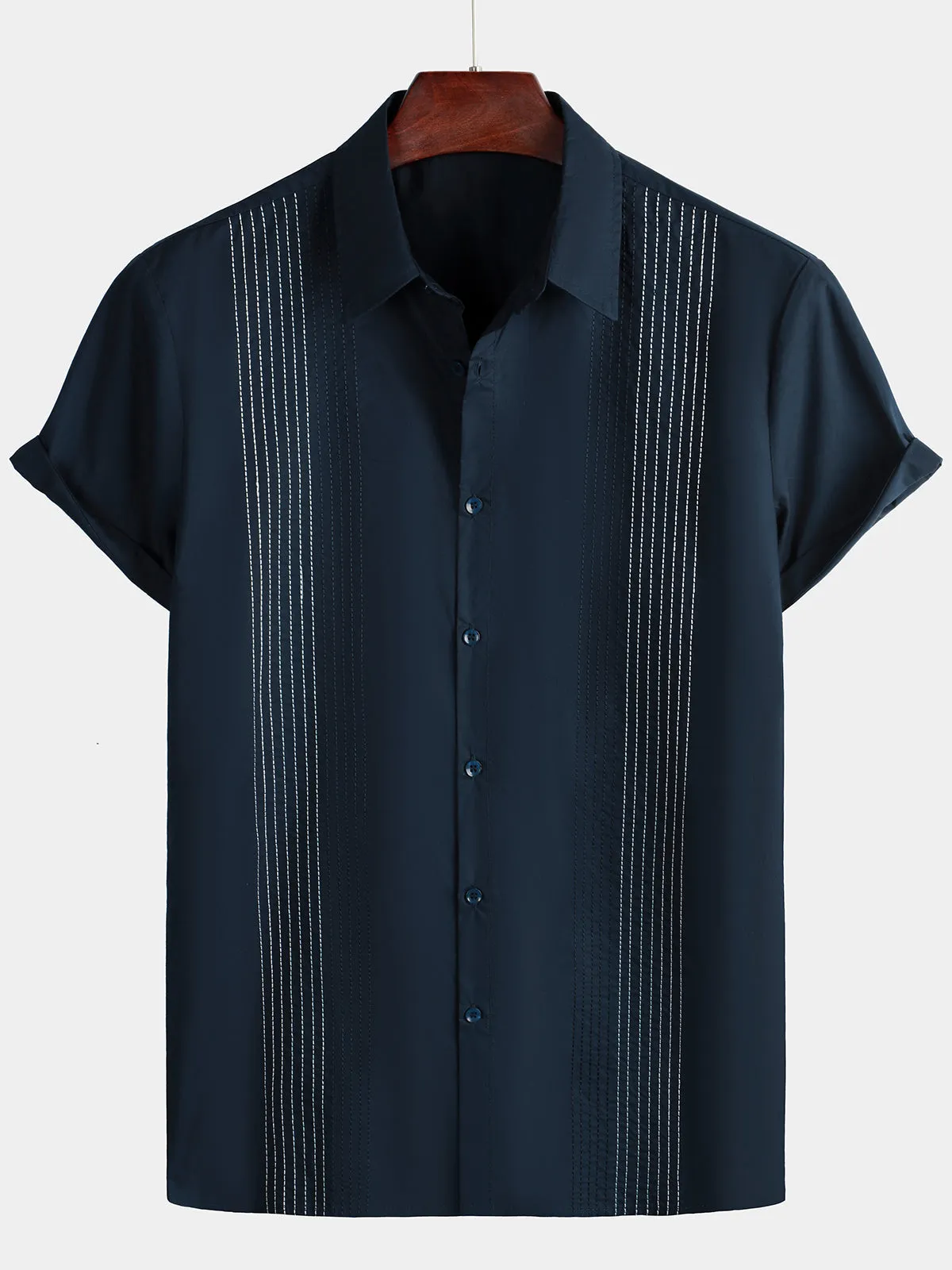 Men's Hawaiian Cotton Linen Striped Short Sleeve Button Up Summer Beach Embroidered Shirt