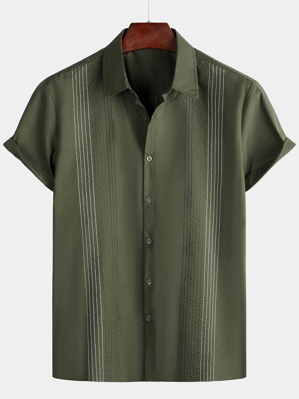 Men's Hawaiian Cotton Linen Striped Short Sleeve Button Up Summer Beach Embroidered Shirt