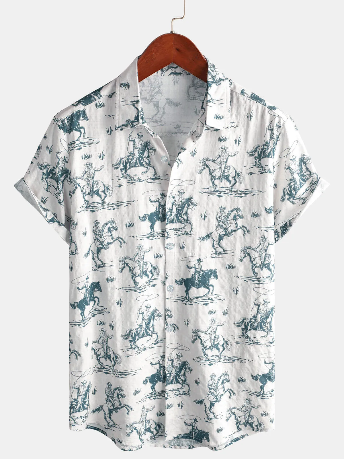 Men's Horse Print Cowboy Button Up Holiday Short Sleeve Shirt