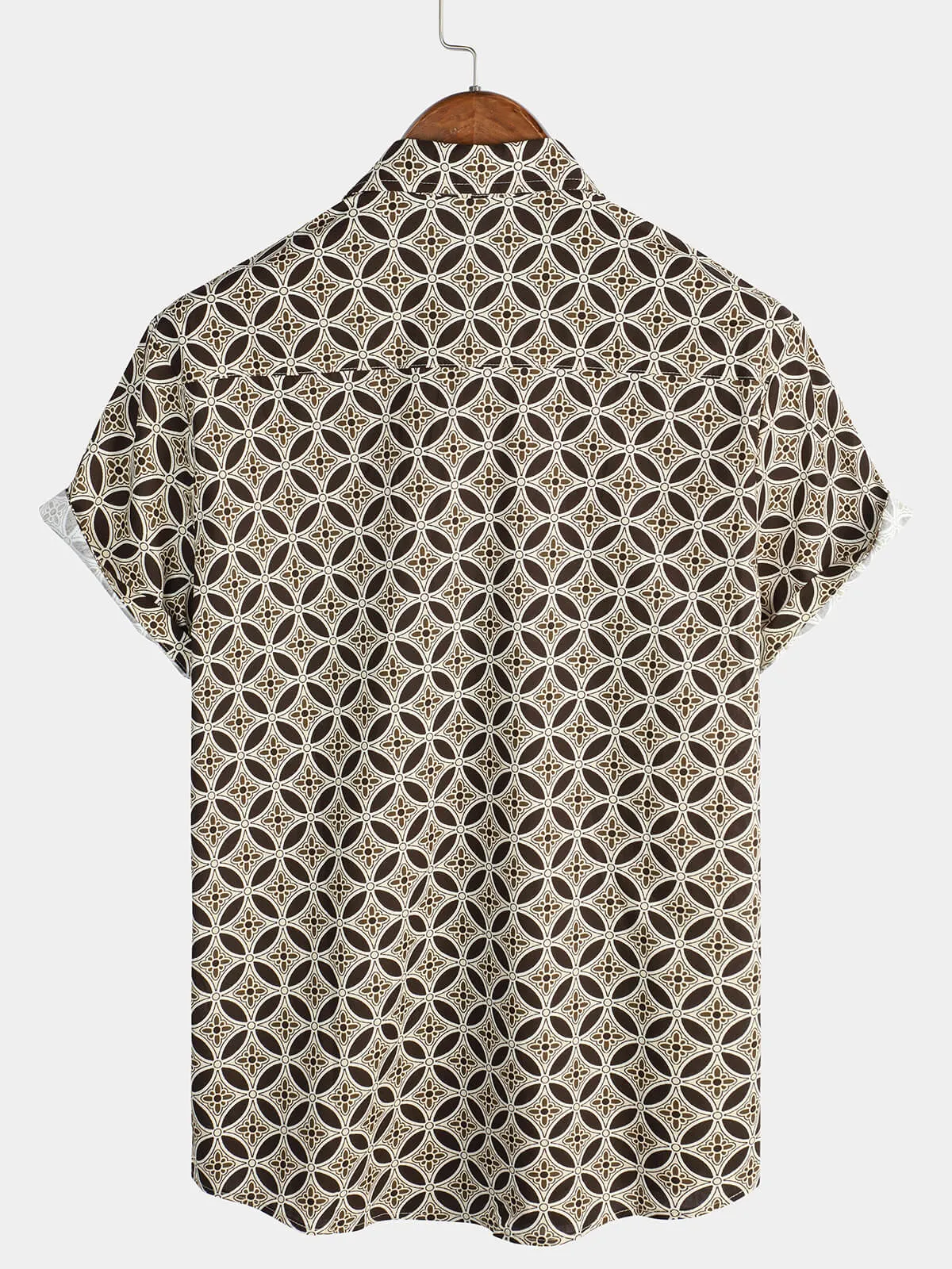 Men's Khaki Geometric Floral Pocket Short Sleeve Shirt