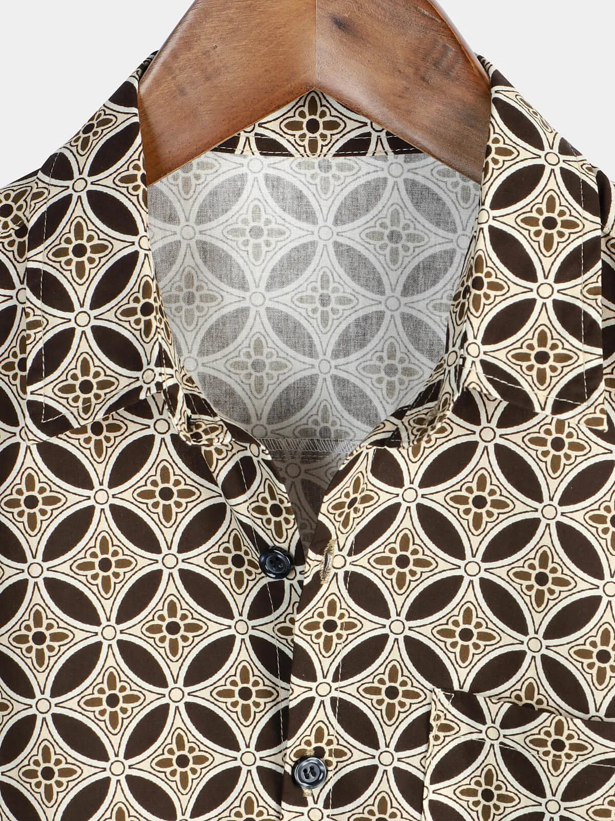 Men's Khaki Geometric Floral Pocket Short Sleeve Shirt