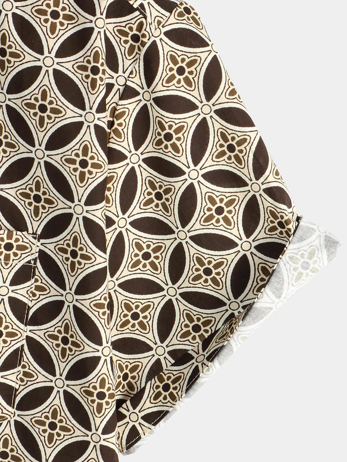 Men's Khaki Geometric Floral Pocket Short Sleeve Shirt