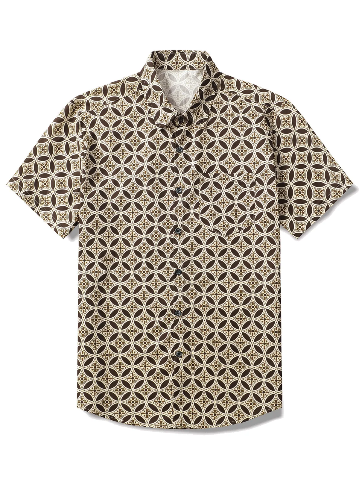 Men's Khaki Geometric Floral Pocket Short Sleeve Shirt