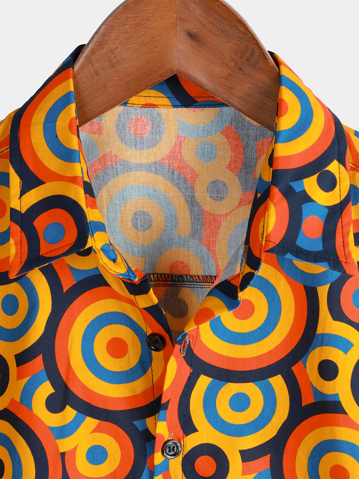 Men's Orange 70s Retro Button Up Vintage Geometric Circle Shirt