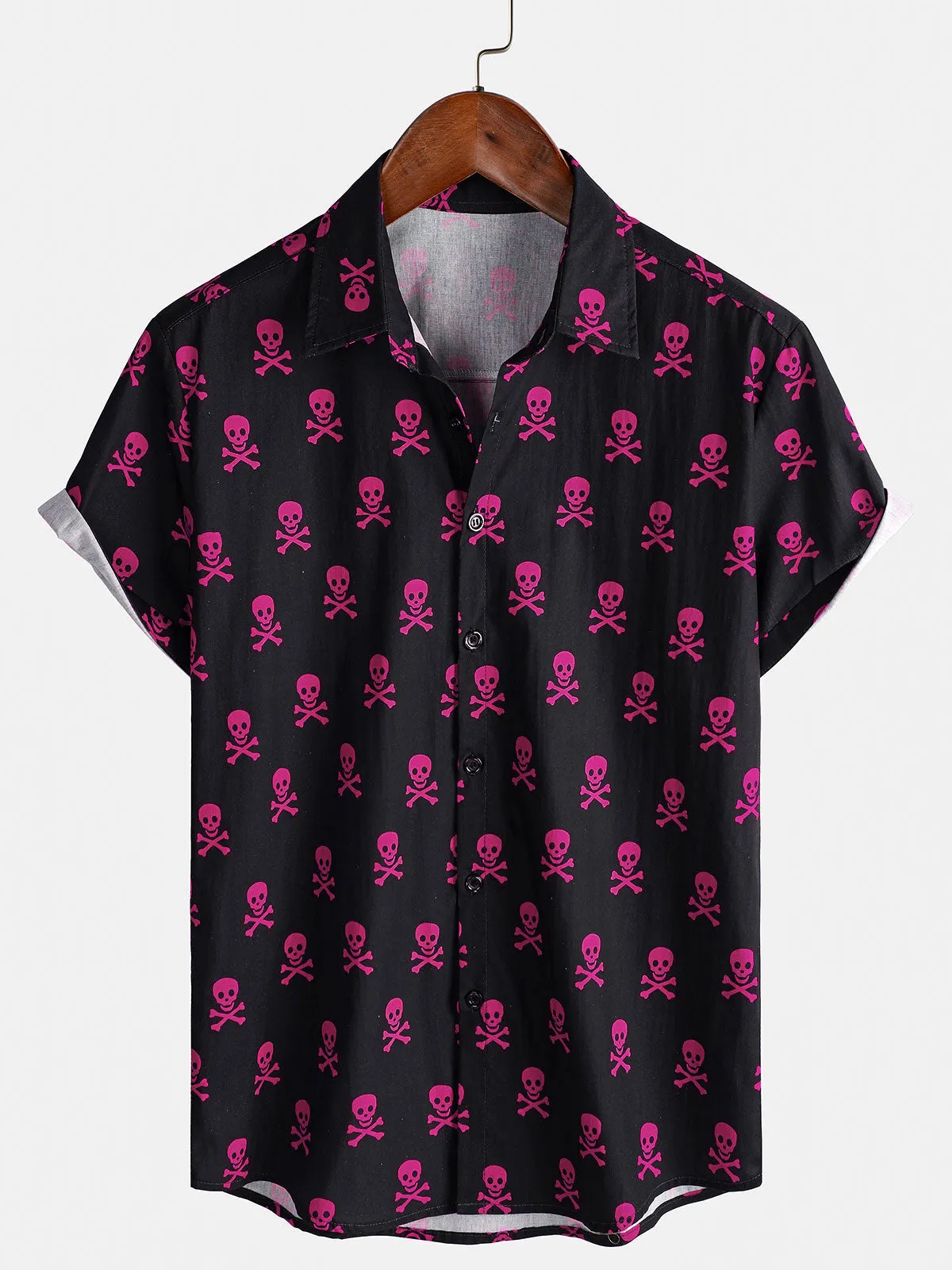 Men's Pink Skull Punk Rock Holiday Cotton Breathable Cool Summer Short Sleeve Shirt