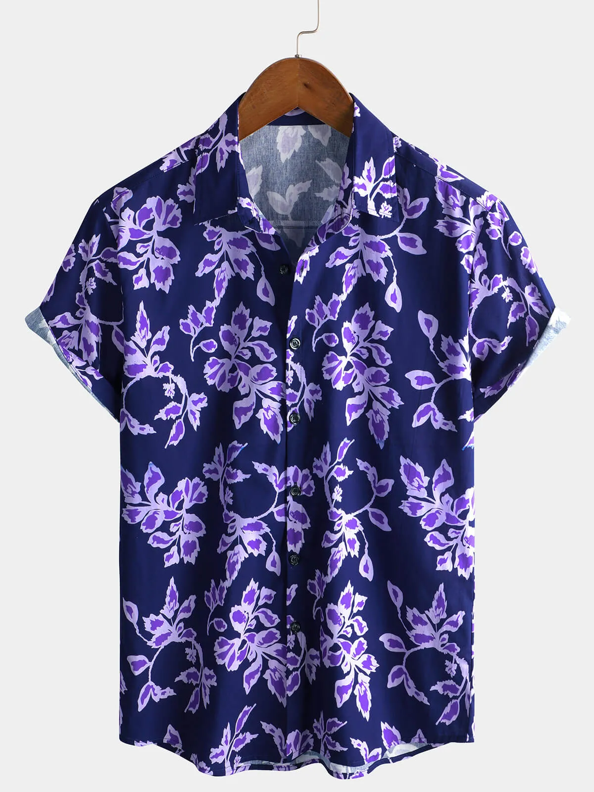 Men's Purple Floral Vintage 100% Cotton Short Sleeve Shirt