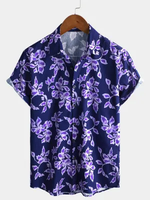 Men's Purple Floral Vintage 100% Cotton Short Sleeve Shirt