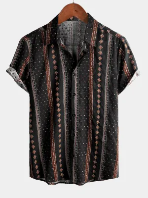 Men's Retro Black Striped Print Button Up 70s Vintage Short Sleeve Western Shirt