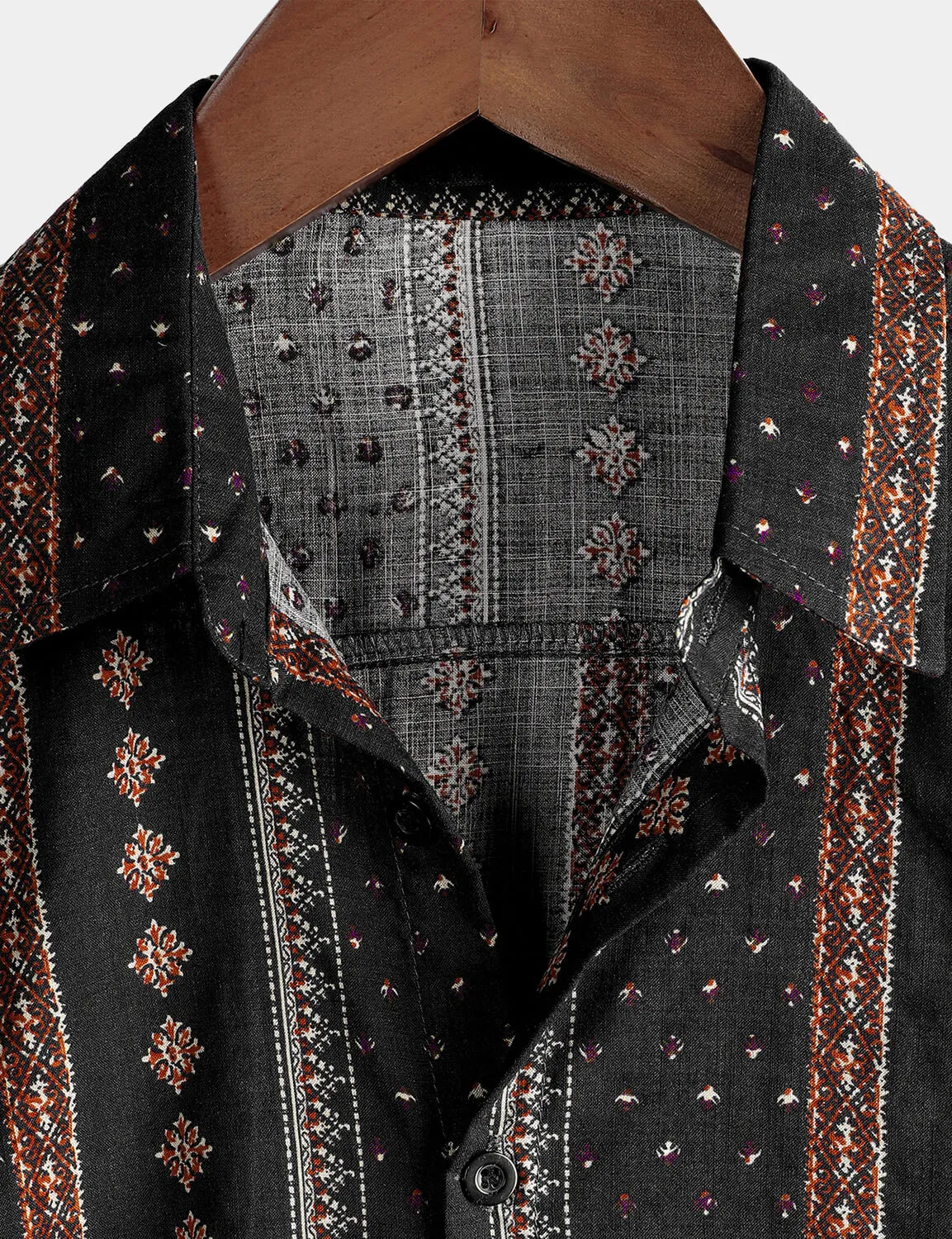 Men's Retro Black Striped Print Button Up 70s Vintage Short Sleeve Western Shirt