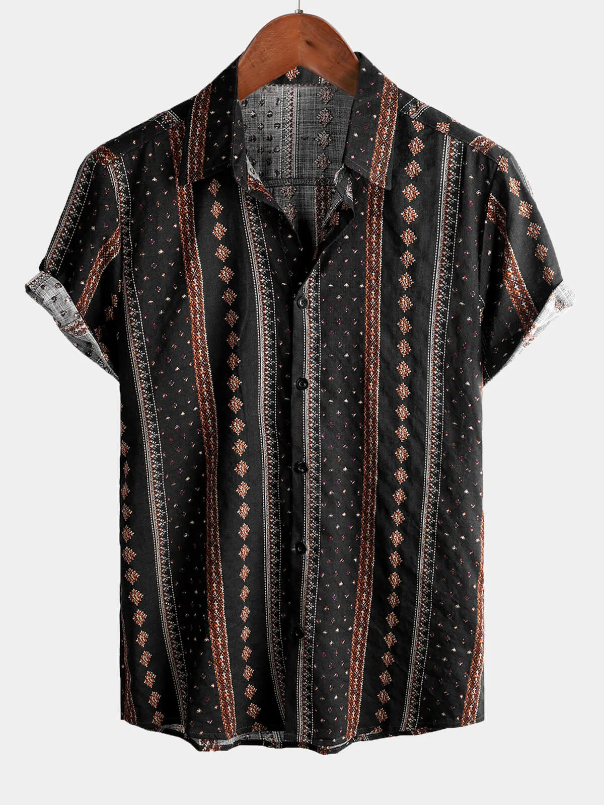 Men's Retro Black Striped Print Button Up 70s Vintage Short Sleeve Western Shirt