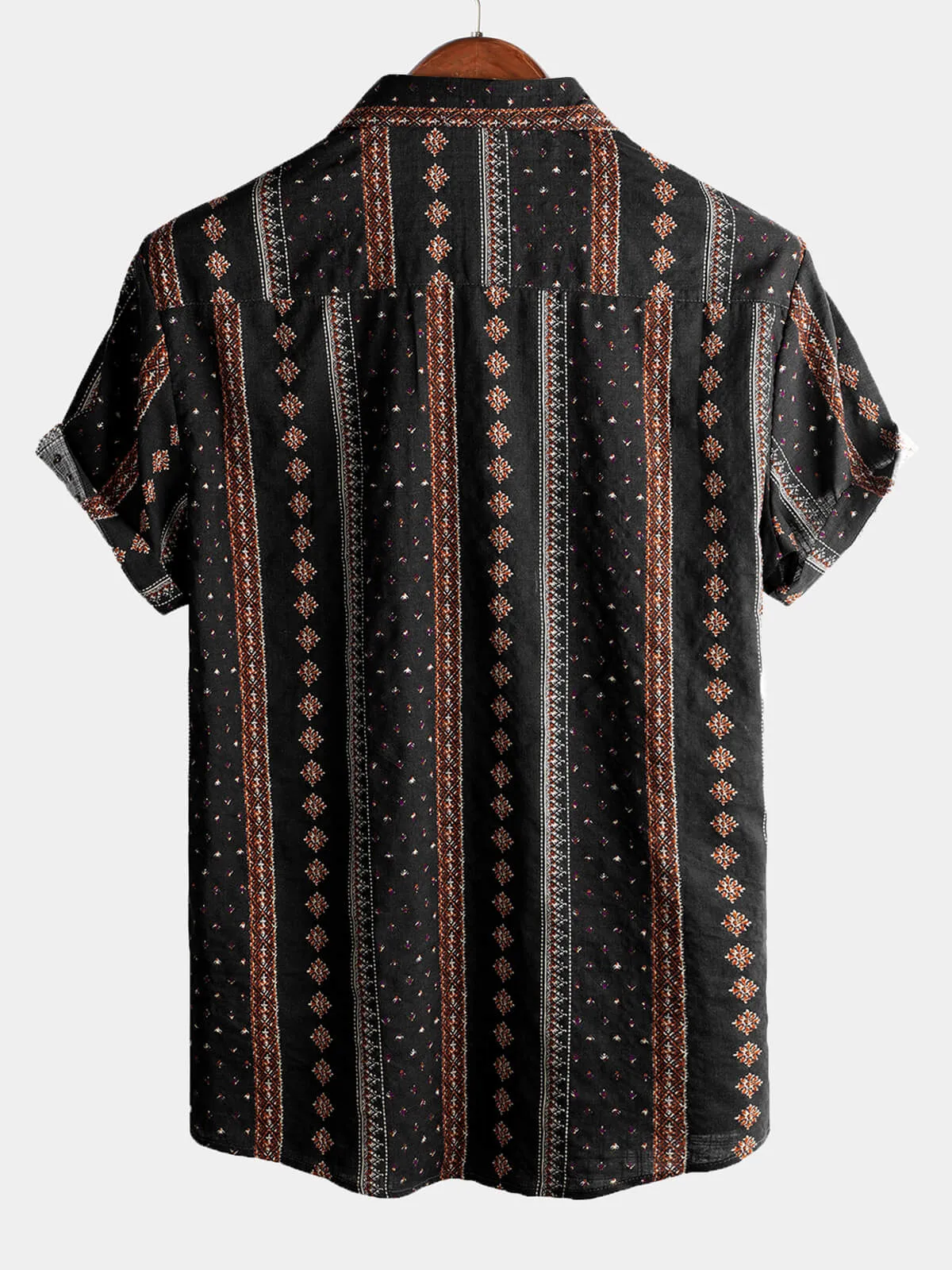Men's Retro Black Striped Print Button Up 70s Vintage Short Sleeve Western Shirt