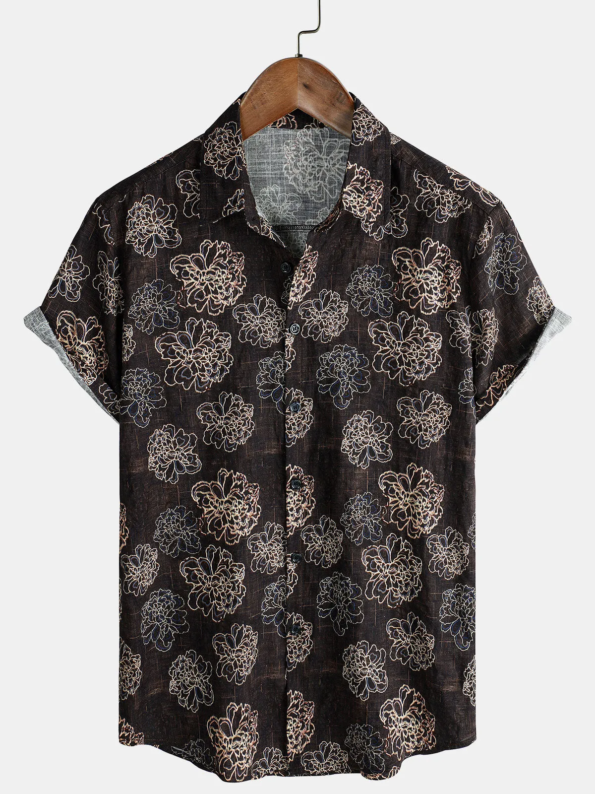 Men's Retro Brown Floral Holiday Camp Short Sleeve Button Up Shirt