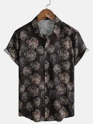 Men's Retro Brown Floral Holiday Camp Short Sleeve Button Up Shirt