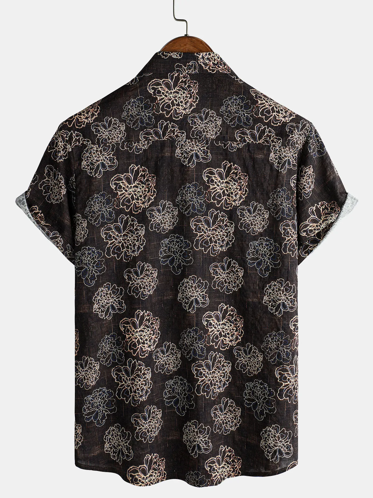 Men's Retro Brown Floral Holiday Camp Short Sleeve Button Up Shirt