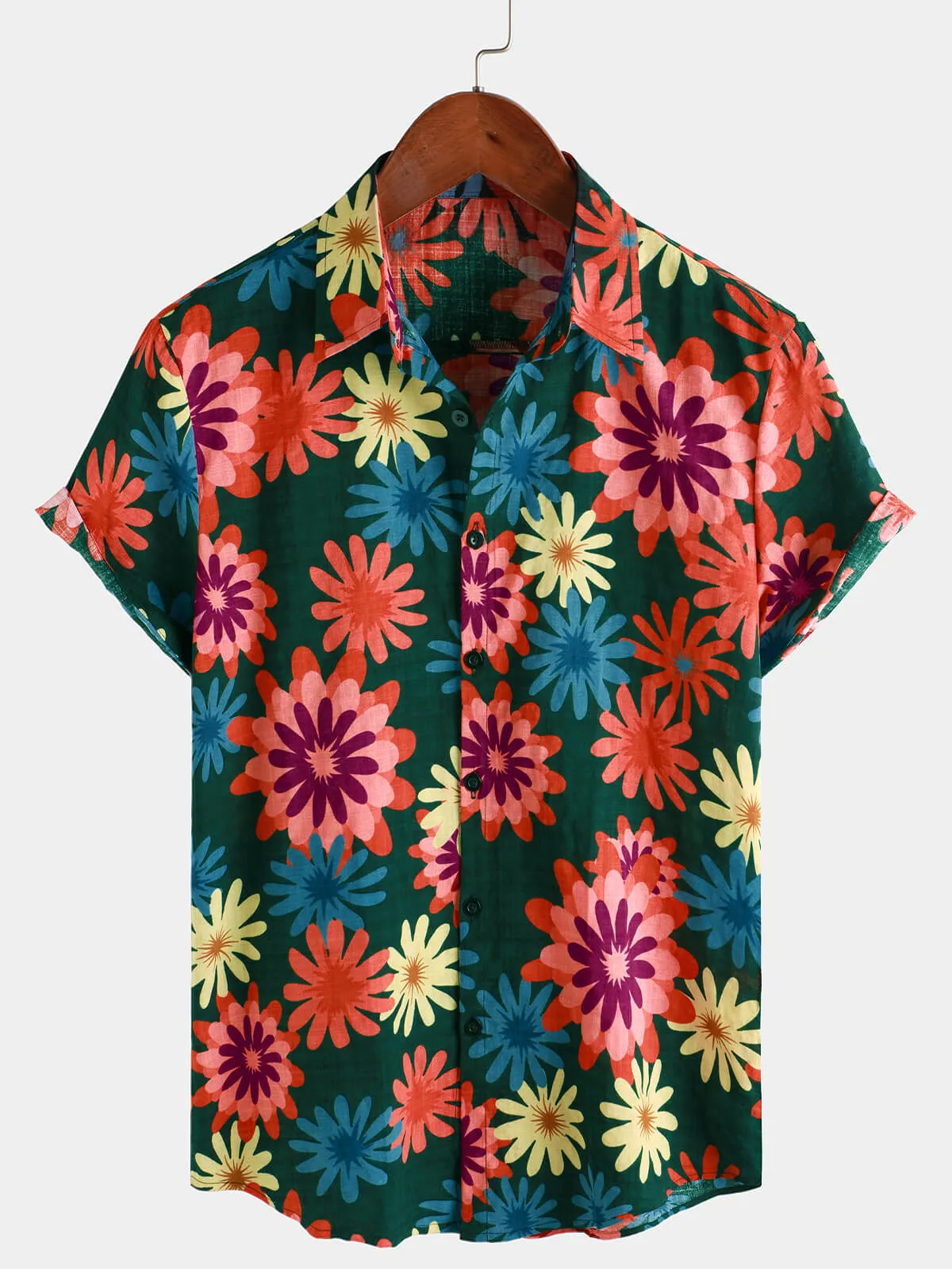 Men's Retro Daisy Beach Button Up Short Sleeve Shirt