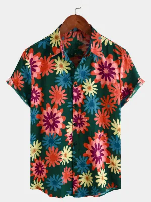 Men's Retro Daisy Beach Button Up Short Sleeve Shirt