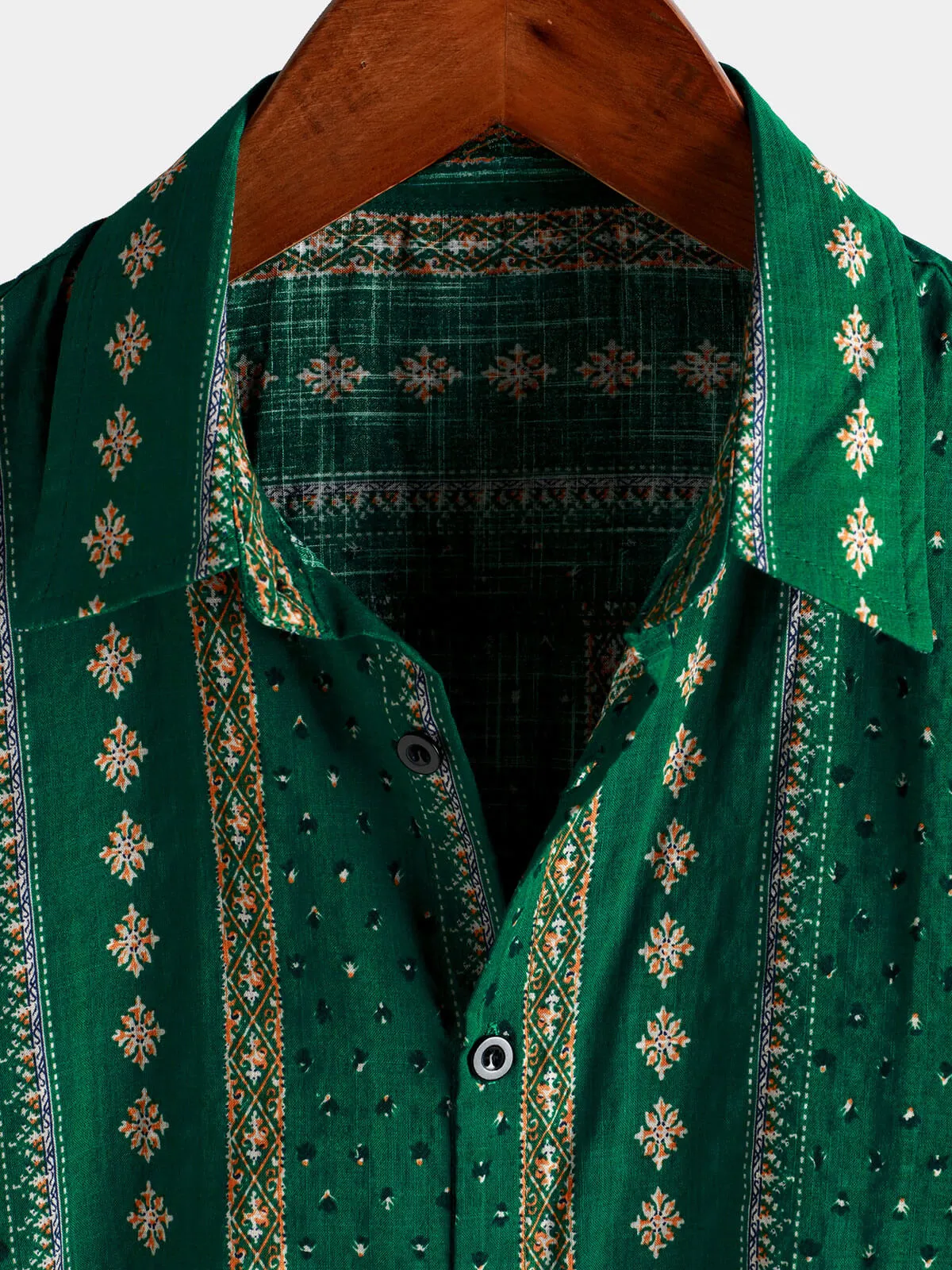 Men's Retro Green Striped Print Button Up 70s Vintage Short Sleeve Shirt