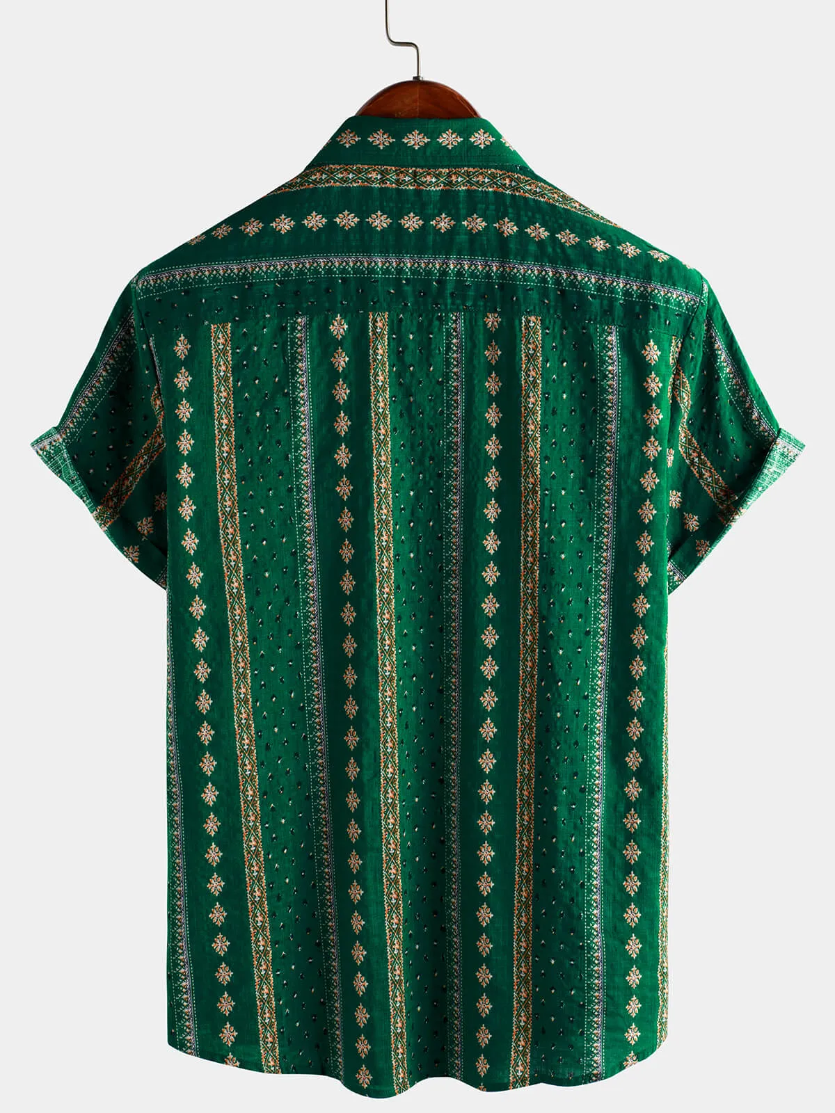 Men's Retro Green Striped Print Button Up 70s Vintage Short Sleeve Shirt