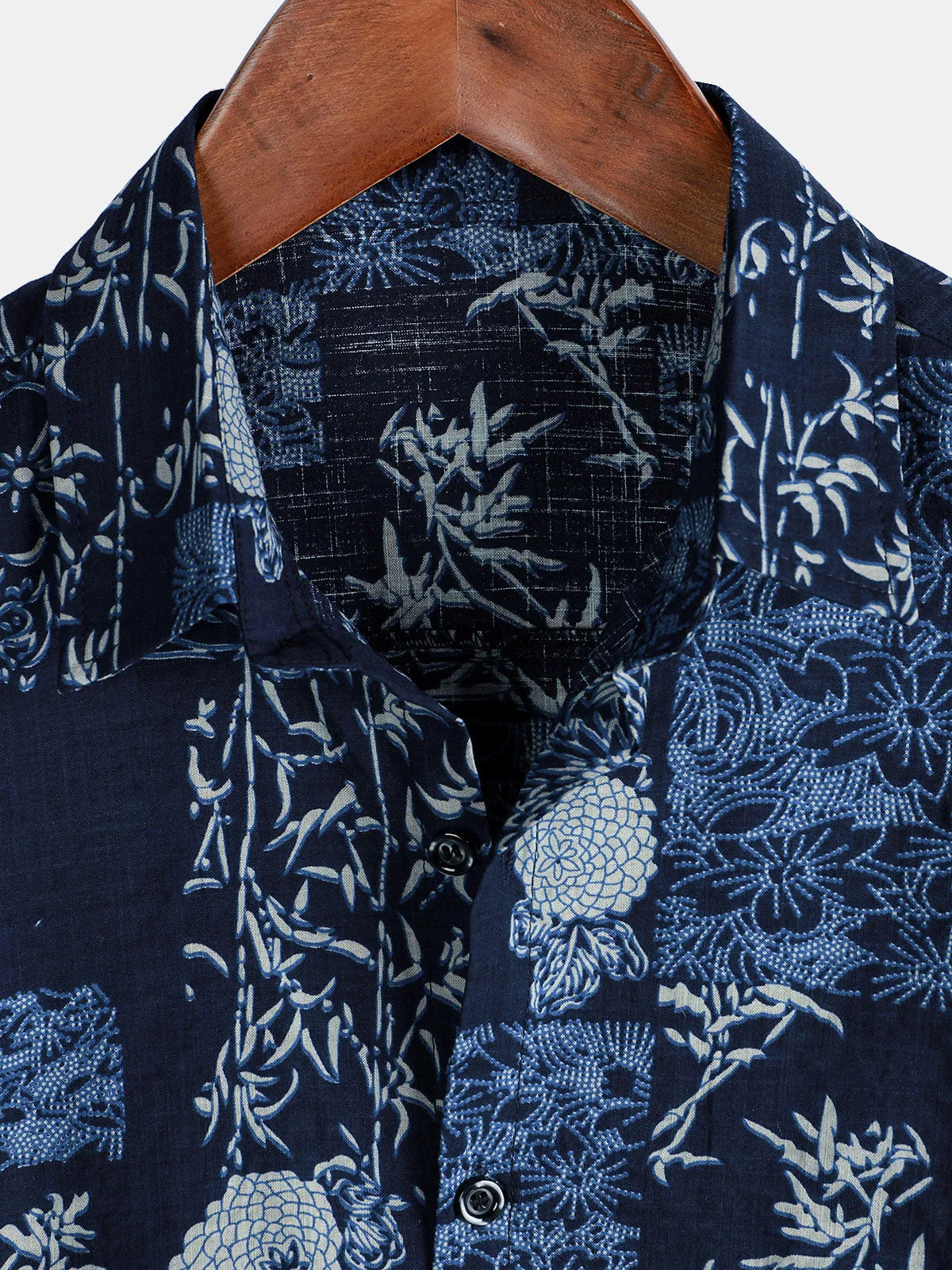 Men's Retro Navy Blue Floral Summer Short Sleeve Shirt