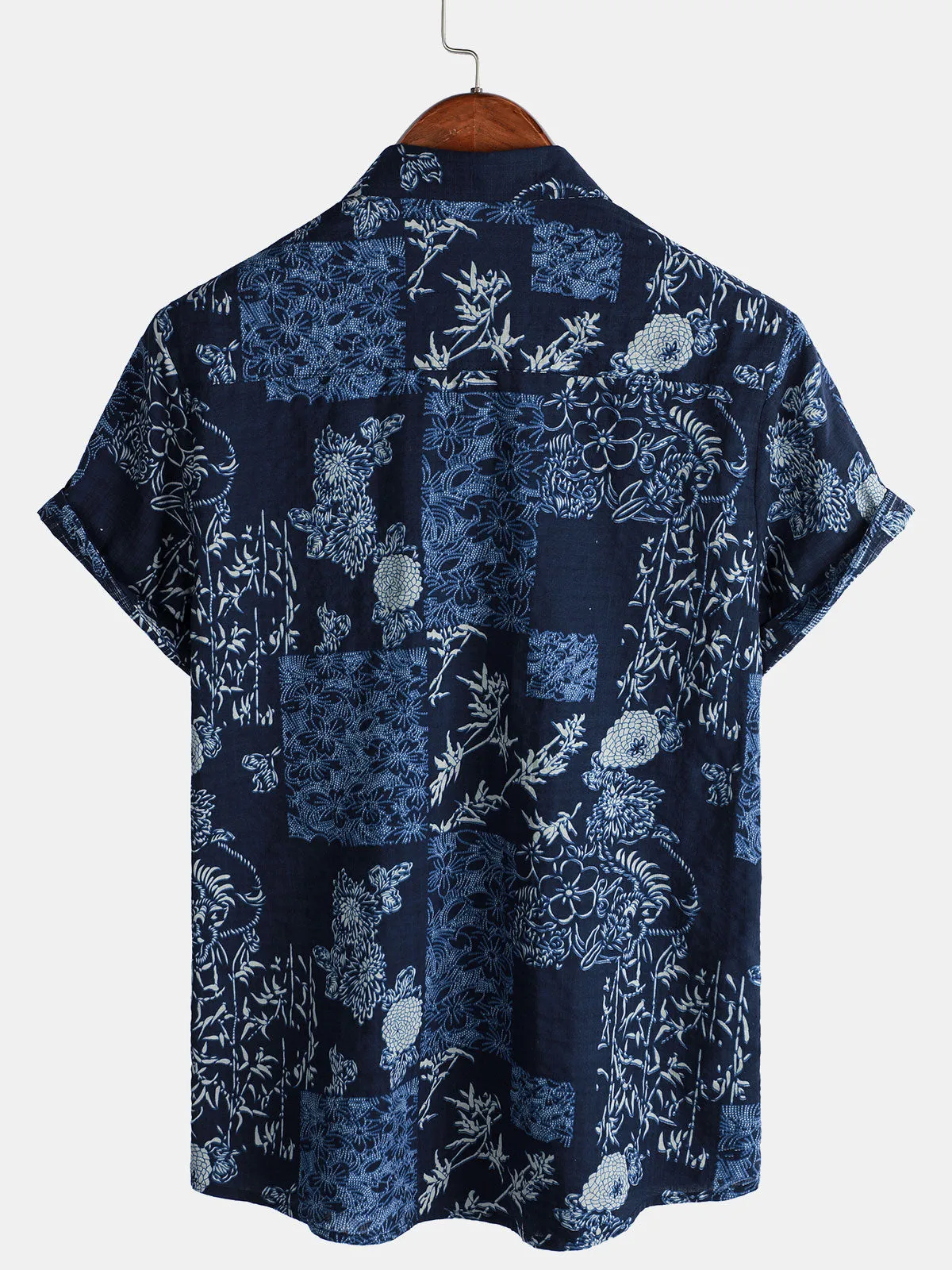 Men's Retro Navy Blue Floral Summer Short Sleeve Shirt