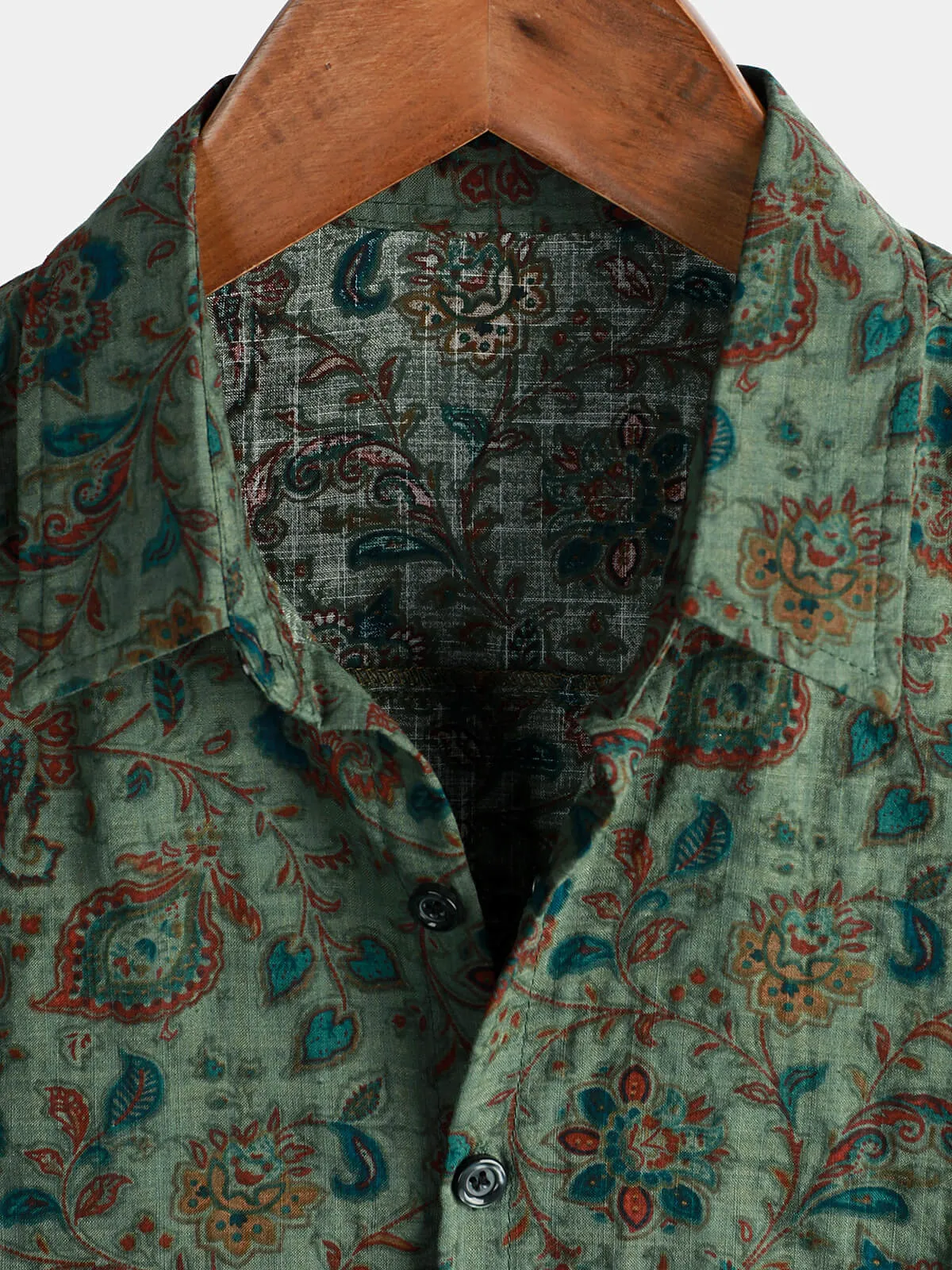 Men's Retro Paisley 70s Green Holiday Button Up Vintage Short Sleeve Shirt