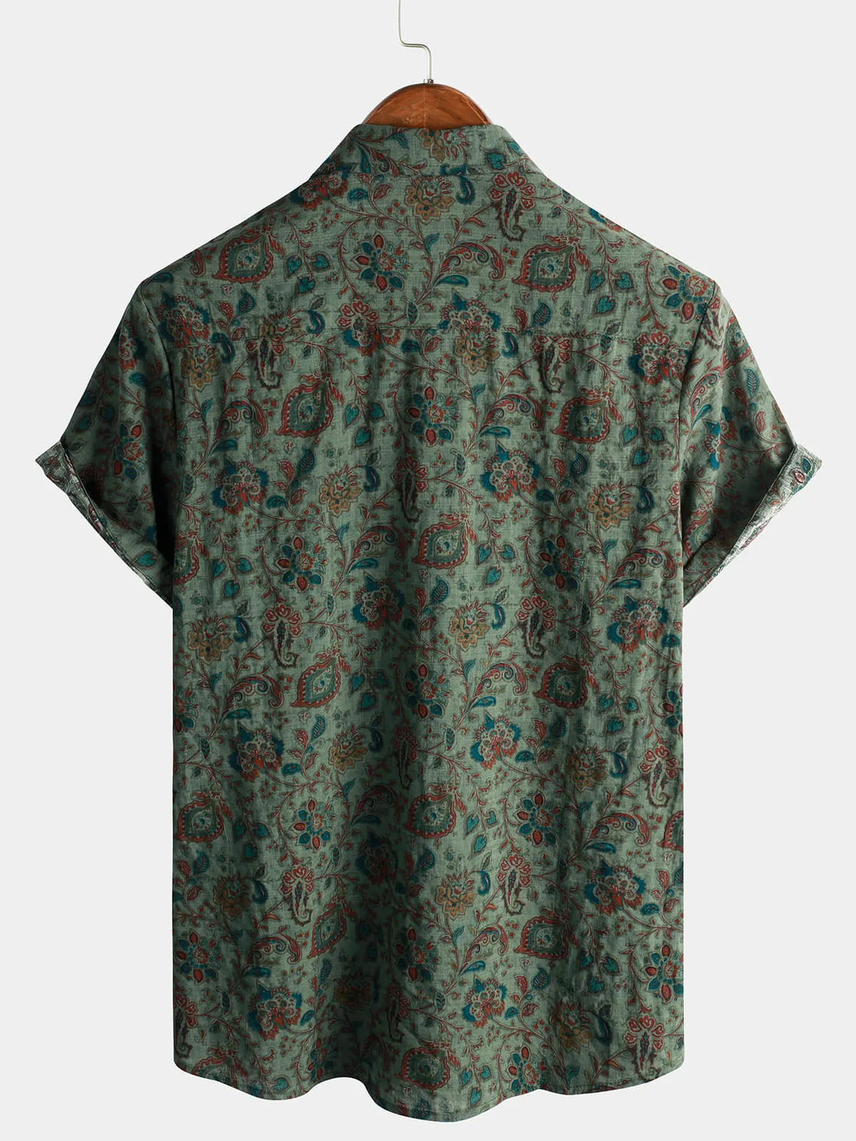 Men's Retro Paisley 70s Green Holiday Button Up Vintage Short Sleeve Shirt