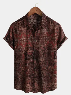 Men's Retro Paisley Floral Print Cotton Button Up Vintage Holiday Western Brown Short Sleeve Shirt