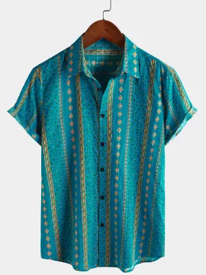 Men's Retro Striped Print Button Up 70s Vintage Short Sleeve Shirt