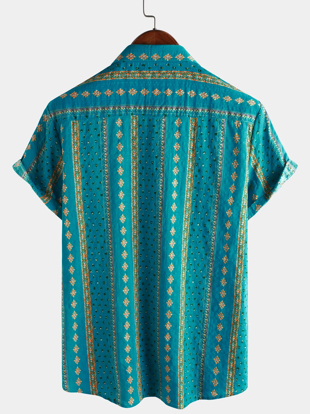 Men's Retro Striped Print Button Up 70s Vintage Short Sleeve Shirt