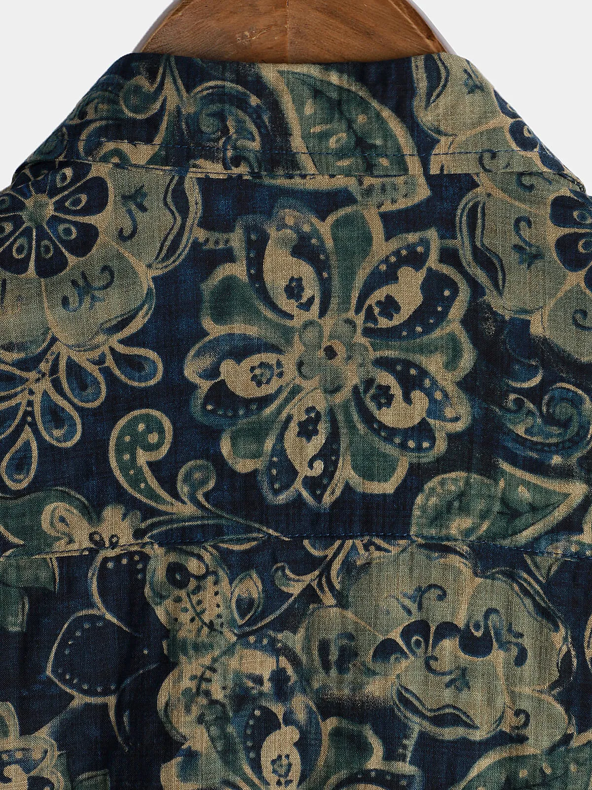 Men's Short Sleeve Casual Holiday Vintage Floral Button Green Cotton Shirt