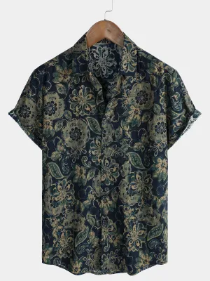 Men's Short Sleeve Casual Holiday Vintage Floral Button Green Cotton Shirt